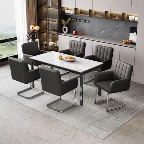 6er Set Esszimmerstühle mit vertikalen Streifen,Gepolsterter Sessel mit zickzackförmige Metallbeine,Lounge-Stuhl,Wohnzimmerstuhl,Kunstleder,Schwarz(old sku:N634P203884S)