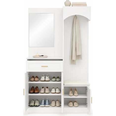 Penderie d'entrée avec banc à chaussures, miroir et étagères réglables, meuble compact 110 cm en MDF blanc pour hall, chambre ou petit espace - CHICFURN (1/5)