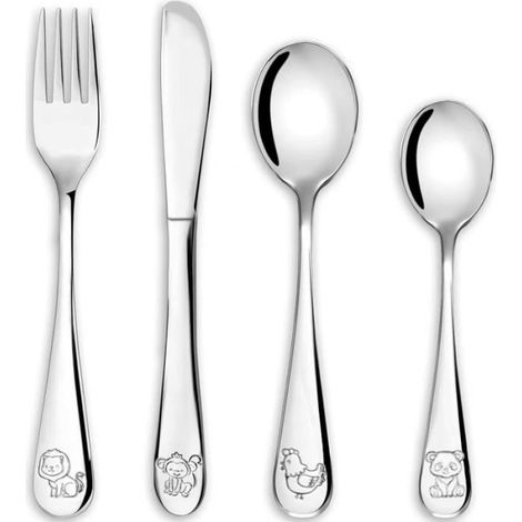 1 Set Couverts Enfant 4 Pièces Acier Inoxydable Gravé Bord Arrondi Cadeau Baptême (1/5)