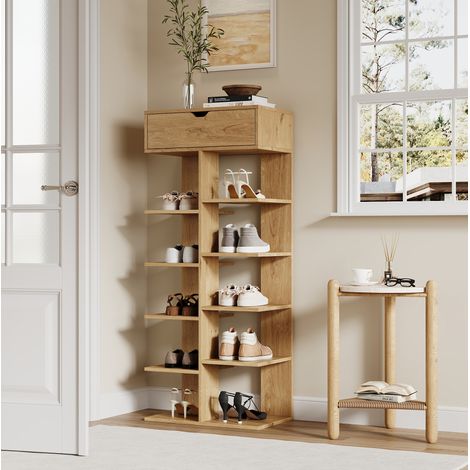 Zapatero abierto con cajón, almacenamiento multinivel, decoración madera natural 55x33x133 cm (1/5)