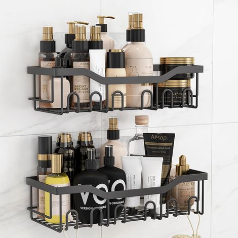 6 Pièces Étagère de douche, Acier inoxydable, Sans perçage, Auto-adhésif, Crochets, Salle de bain, Cuisine (1/5)