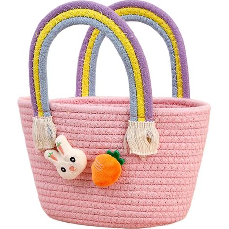 Panier de Pâques tressé avec anse, panier en coton tressé pour la chasse aux œufs avec lapin et carotte, sac à friandises de Pâques vide pour cadeaux et bonbons (1/5)