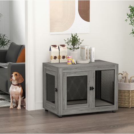 Jaula para perro de interior con 2 puertas, patas regulables, gris HAVRYA (1/4)