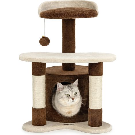 lionto Kratz- & Spielbaum, 65 cm stabiler Katzenbaum mit Sisalstämmen, Plüschhöhle & Spielball, ideal für kleine Katzen, braun/beige
