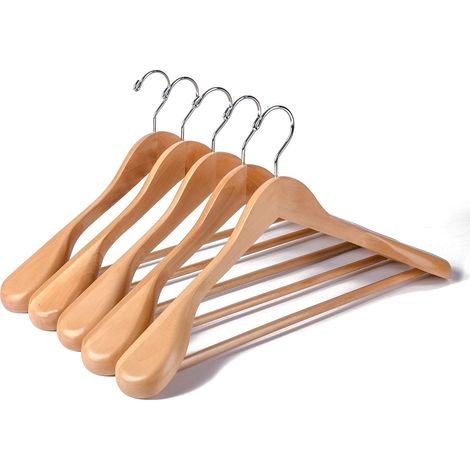 Lot de 10 Cintres de Luxe en Bois Massif Naturel 44.5cm, de Épaules Larges(5.8cm), pour Manteau Costume Veste, avec Barre Ronde Antidérapante (1/5)