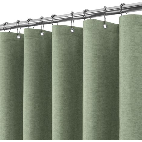 Rideau de Douche Lin avec Anneaux en Métal Imperméable Anti-Moisissures Polyester Tissu Rideau Salle de Bain Lourd pour Baignoire Cabine de Douche - 275x182CM (Vert) (1/5)