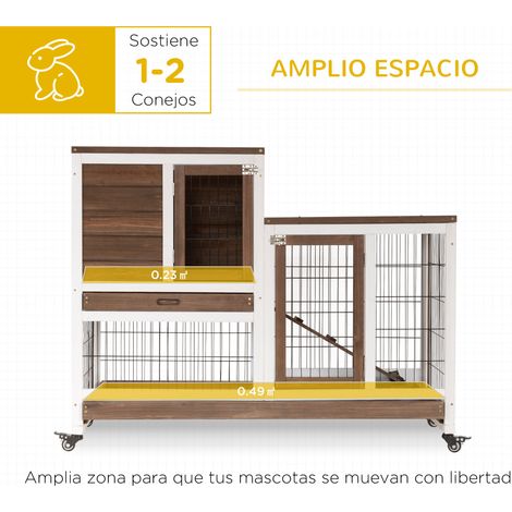 Clapier en bois à roulettes pour lapin d'intérieur. cage à deux étages avec rampe et deux plateaux amovibles. 110 x 50 x 88 cm. marron (1/5)