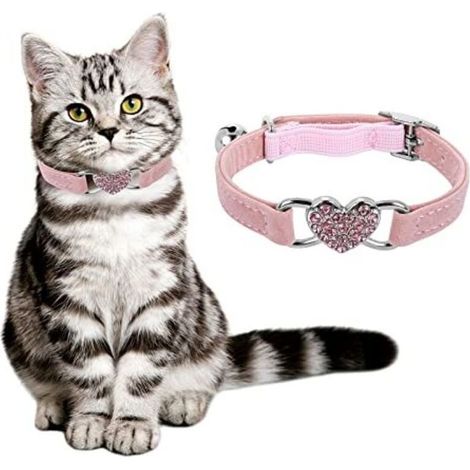Herzförmiges Katzenhalsband mit Glöckchen, verstellbare Kittenhalsbänder mit Sicherheitsgurt, Strass-Halsband für kleine Katzen und Hunde (rosa) (1/4)