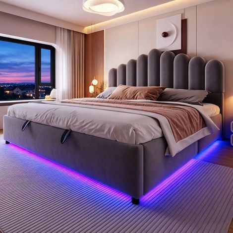 Letto imbottito 209x185.5x111 cm, contenitore idraulico, testiera imbottita, LED, velluto grigio (1/5)