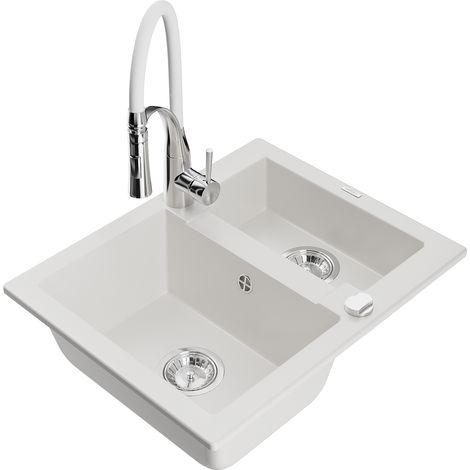 Mexen Carlos fregadero de granito de 1,5 senos con grifo de cocina Aster, blanco - 6518-20-73450-02 (1/5)