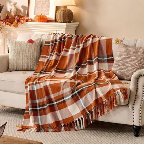 Plaid Orange en Canapé, Douillet Couverture à Carreaux de Automne, Acrylique Chèque Jeté à Franges, Douce Couvertures d'automne, Couvre Lit Décoration Intérieur Maison, 130x150 cm (1/5)