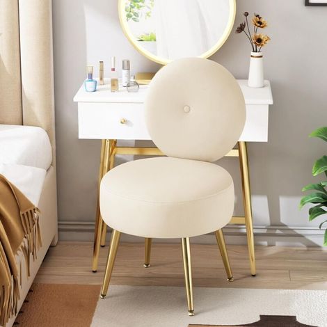 Chaise de coiffeuse en velours - Chaise de salon rembourrée avec pieds et dossier en métal, beige, idéale pour la chambre ou le salon.