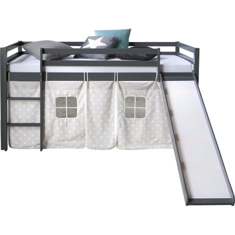 Letto a soppalco per bambini 90x200cm con scaletta e scivolo in legno grigio con tessuto a stella LIT06173