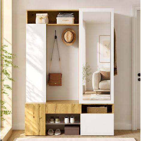 Armario recibidor con espejo, zapatero, barra y ganchos de MDF blanco/natural OKWISH (1/5)