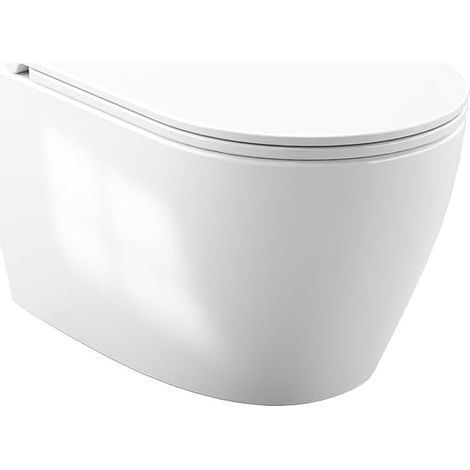 WC suspendu peinture murale en céramique blanc 52,5 cm (forme D) – Rimless sans bride – Chasse 360° silencieuse – Abattant UF amovible soft-close – 8022 tourbillon flush + couvercle UF D large, blanc (1/5)