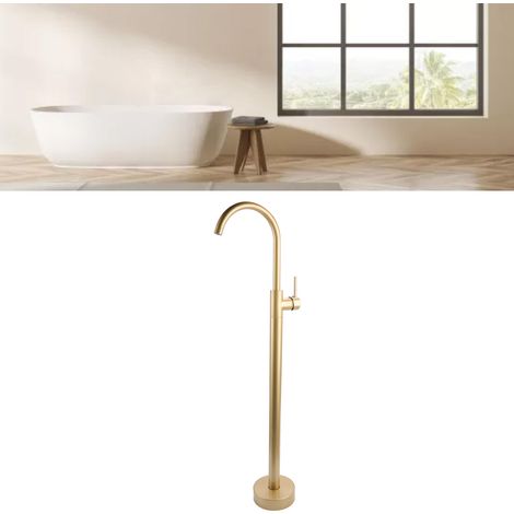 Freistehende Badewannenarmatur aus Messing und Edelstahl, 110 cm, Farbe: gebürstetes Gold, ohne Loch, für Säule und Waschbecken.