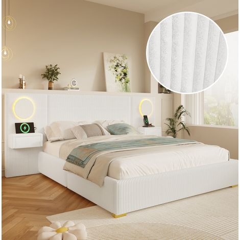 Cama tapizada 180x200 cm beige de terciopelo y MDF - cabecero LED con USB (1/5)