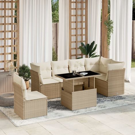 Canapé d'angle jardin 7 pièces en résine tressée beige avec coussins crème, table réglable 100x55 cm et acier peint (1/5)