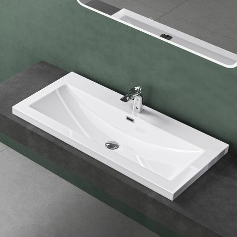 Mai & Mai Lavabo à encastrer blanc 100cm vasque lave mains rectangulaire en résine lavabo avec trop-plein Col01 100x48x13cm (1/5)