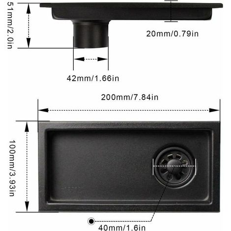 Scarico a pavimento rettangolare, sottile, in acciaio inox nero, 20 × 10 cm, scarico doccia deodorante nero (1/4)