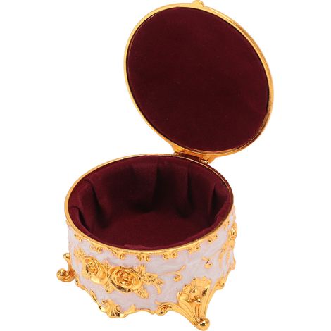 Vintage Schmuckkästchen aus Metall, rund, mit exquisitem, handgeschnitztem Goldblumenmuster, Aufbewahrung für Ringe, Ohrringe und Halsketten, weiß (1/5)
