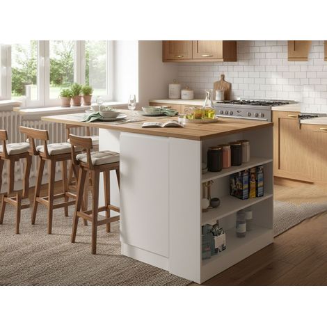 Dmora - Isla de cocina Osvaldo, mesa auxiliar de almacenaje, mueble de cocina con 2 puertas, 100% Made in Italy, 160x90h90 cm, blanco brillo y roble (1/5)