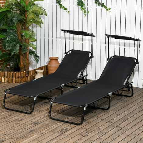 Ensemble de 2 chaises longues pliantes de jardin avec pare-soleil, dossier réglable en hauteur sur 5 positions, noires