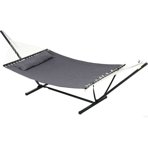 Hamac sur pied moderne et résistant – Support en acier anti-rouille, oreiller inclus, barres d'écartement stables, dimensions 368×140×110 cm, couleur gris foncé, idéal pour relaxation en jardin et ter