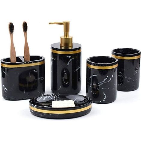 Lot de 5 accessoires salle de bain noir marbre, distributeurs lotion + gobelets brosse à dents + porte-savon, design luxe