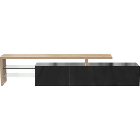 Mueble TV moderno 197,5 x 39 x 42 cm negro efecto madera con estantes de cristal y LED (1/5)