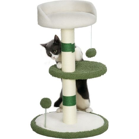 Shaft to cat with basket, 2 balls, plateforme and post in sisal, green and white (1/5)