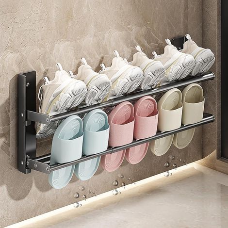 2-stöckiges Schuhregal aus Metall, ausziehbar von 37-67 cm, schmaler, wandmontierter Schuhorganizer für 6 Paar Schuhe (1/5)