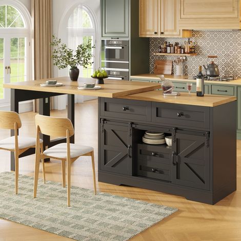 Îlot central de cuisine 2-en-1 avec table repas intégrée, rangement latéral à tiroirs cachés, panneaux rotatifs 360°, porte coulissante style grange, meuble multifonctionnel pour salle à manger et cui