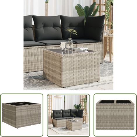 The Living Store Gartentisch mit Glasplatte Hellgrau 55x55x37 cm Poly Rattan - Gartentisch - Esstisch - Terrassenmöbel - Gartenmöbel - Outdoor-Tisch (1/5)