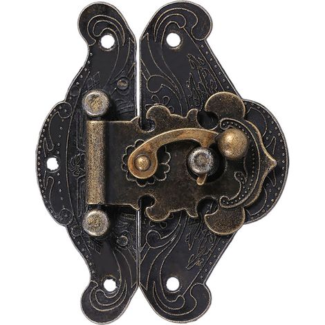 Antikes Retro-Riegelschloss und dekorative Platte für Holzkisten, Schubladenschloss, Vintage-Truhenverschluss, Möbelbeschläge, klassisches Ornament, einzigartiges Los. (1/5)