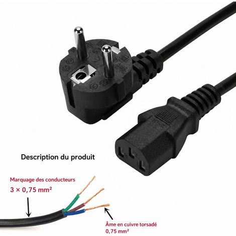 Câble d'alimentation secteur européen 3 broches C13 1,5 m 3x0,75 mm² noir 1.5 m0.75 72 0.75 200 g – Livraison gratuite