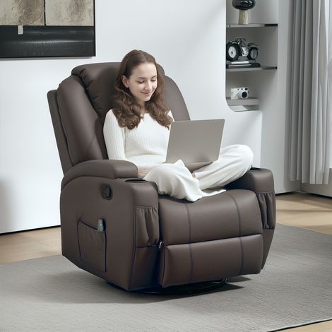 Poltrona Massaggiante Reclinabile 165° Manuale, Poltrona Relax Girevole con Funzione Dondolo, 2 Portabicchieri, Telecomando, Poggiapiedi e 4 Tasche Laterali, in Pelle PU, Marrone (1/5)