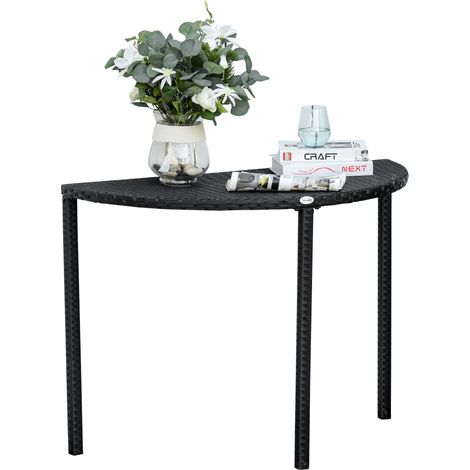 Table d'appoint semi-circulaire pour balcon ou jardin, en polyrotin et métal noir, 100 x 50 x 74 cm, idéale pour terrasse et balcon.