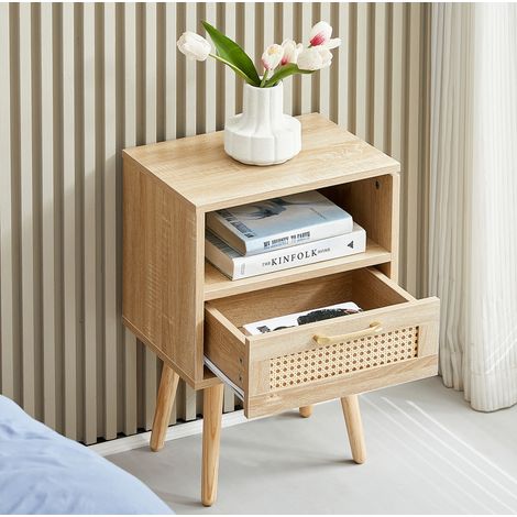 Nachttisch modern aus MDF in Natur mit Rattan-Optik, 1 Schublade und Massivholzbeinen 40x30x55 cm (1/5)
