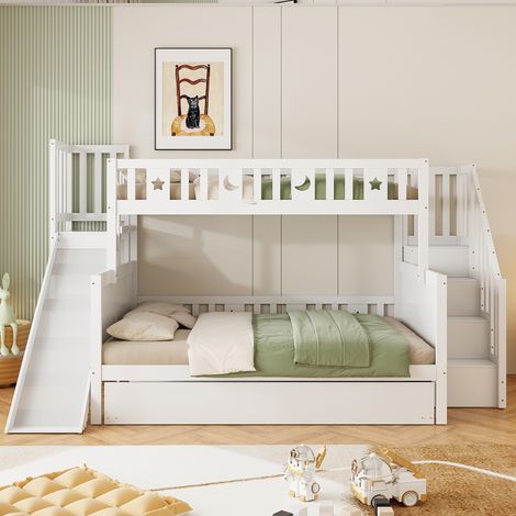 Lit superposé enfant 90 x 200 140 x 200 cm blanc bois massif avec toboggan marches sécurisées étagères lit gigogne sommier lattes solide (1/5)