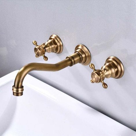 Robinet mitigeur mural pour lavabo de salle de bain 3 trous -couleur antique-- (1/4)
