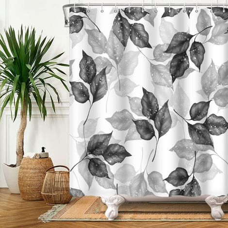 180x180cm Noir Feuilles Blanches Rideau De Douche Plante Naturelle Peinture à L'Encre Feuilles Rideau De Bain Blanc Feuille Grise ImperméAble Rideau De Douche Polyester Rideau De Baignoire (1/5)