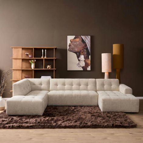 Canapé en U beige effet matelassé avec méridienne gauche RIVOLI (1/5)