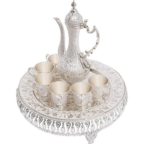 Ensemble de théière turque vintage avec plateau et 6 verres à thé, verres à thé turcs, ornement pour la maison, argenté (1/5)