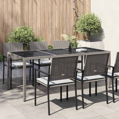 Table de jardin Gris 190x90x75 cm Verre trempé/résine tressée