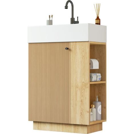 Meuble vasque Naturel, Vasque céramique,Rangement porte & étagères & Porte-papier amovible,Soft-close,Sans robinet (1/5)
