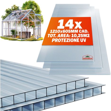 GARDEBRUK® 14x lastre alveolari policarbonato 50x clip acciaio inox 4mm 10,25 m² pannelli serra doppia parete 1210x605