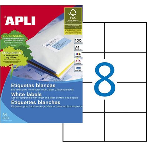 Pack aus 10 Blättern mit 8 Etiketten 105x74mm, Apli DIN A4