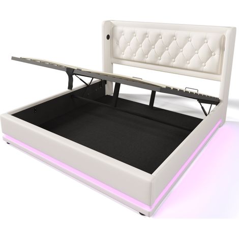 Polsterbett 180x200 cm aus weißem PU, Kopfteil mit Knopfheftung, USB-C und 3-seitige LED (1/5)