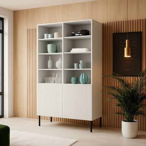 Libreria Ghilarza, Mobile portalibri con vani aperti e due ante, Rialzato da terra, 100x42 h177 cm, Bianco (1/5)